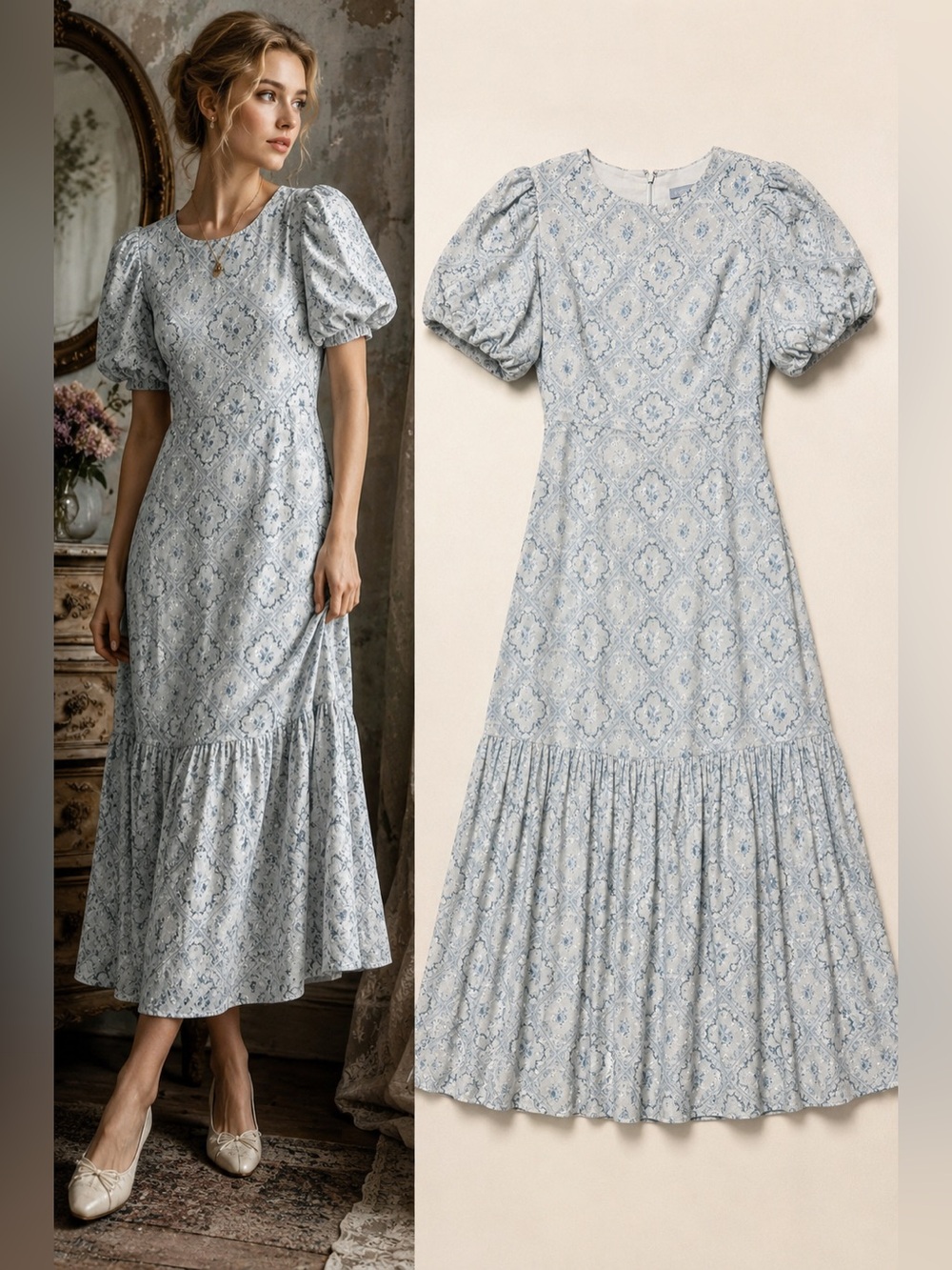 Antonio Melani Blue White Eyelet Floral Puff Sleeve Cotton Midi Maxi Dress